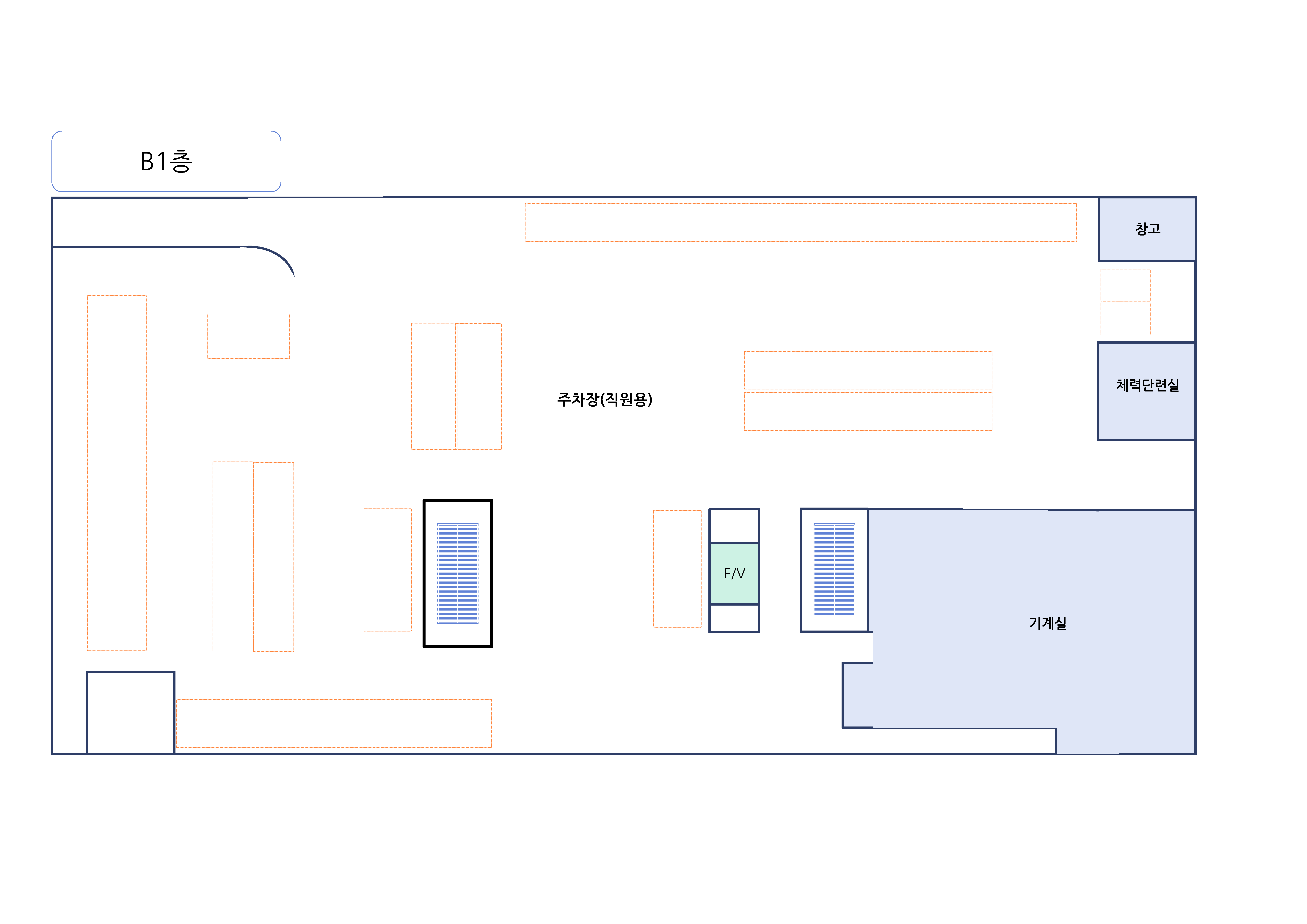 안산교육지원청 B1층 청사도입니다. 주차장(직원용), 창고, 체력단련실, 기계실, E/V